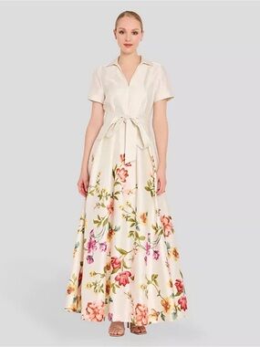 Tahari ASL Cream Floral Maxi Dress with Pink and Red Blooms